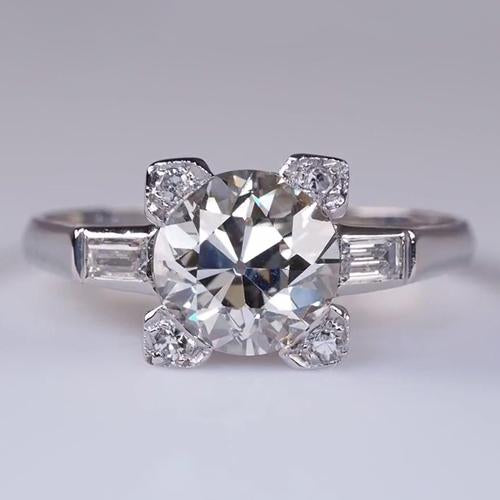 Baguette Old Mine Cut Round Real Diamond Ring 2.50 Carats Gold