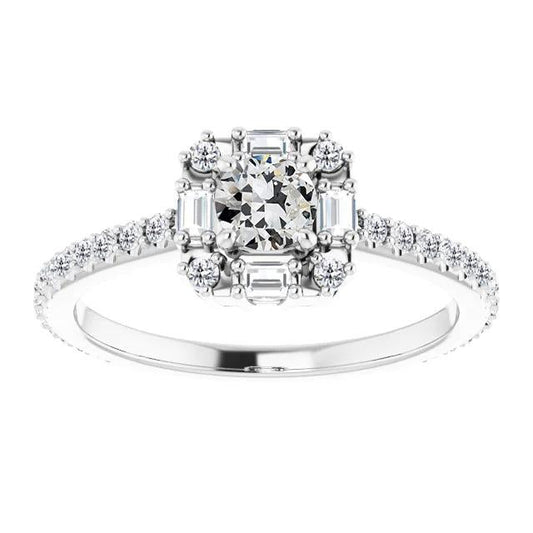 Baguette & Round Old Mine Cut Natural Diamond Halo Ring Gold 4.50 Carats