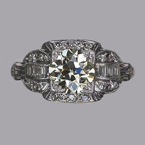 Baguette & Round Old Mine Cut Natural Diamond Ring Milgrain Shank 2.50 Carats