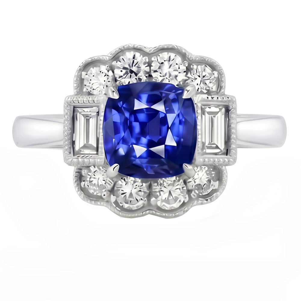 Baguette & Round Natural Earth Mined Diamond Halo Cushion Sapphire Ring 2.50 Carats Prongs