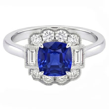 Baguette & Round Natural Earth Mined Diamond Halo Cushion Sapphire Ring 2.50 Carats Prongs