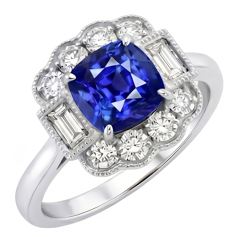 Baguette & Round Natural Earth Mined Diamond Halo Cushion Sapphire Ring 2.50 Carats Prongs