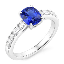 Baguette & Round Natural Earth Mined Diamond Ring Cushion Ceylon Sapphire 2.50 Carats
