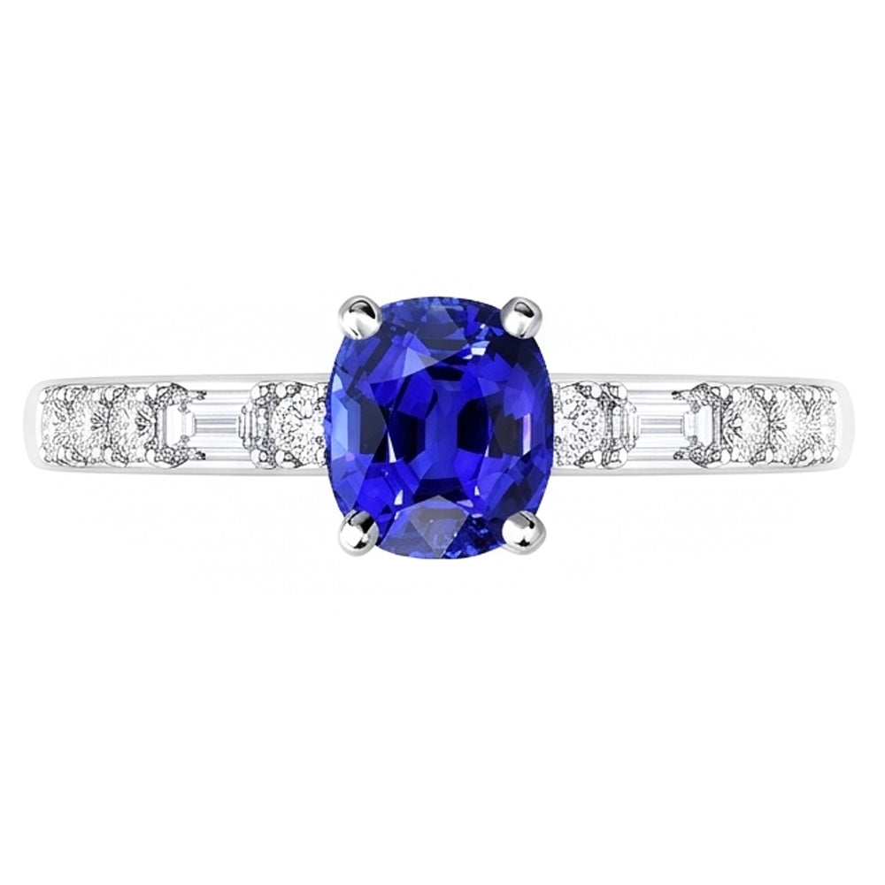 Baguette & Round Natural Earth Mined Diamond Ring Cushion Ceylon Sapphire 2.50 Carats