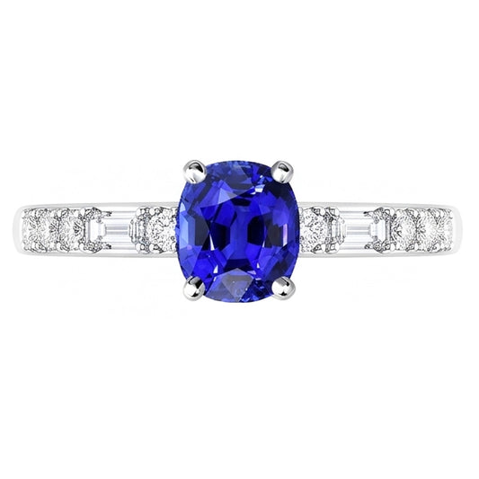 Baguette & Round Natural Earth Mined Diamond Ring Cushion Ceylon Sapphire 2.50 Carats