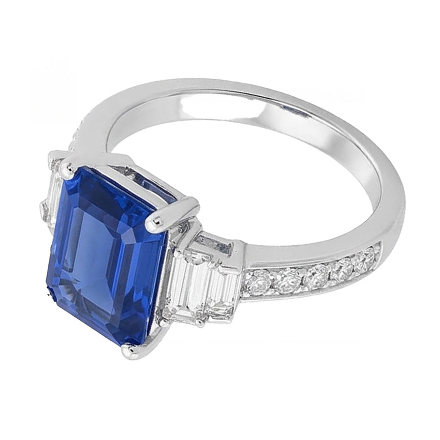 Baguette & Round Natural Earth Mined Diamond Ring Emerald Blue Sapphire 3.50 Carats