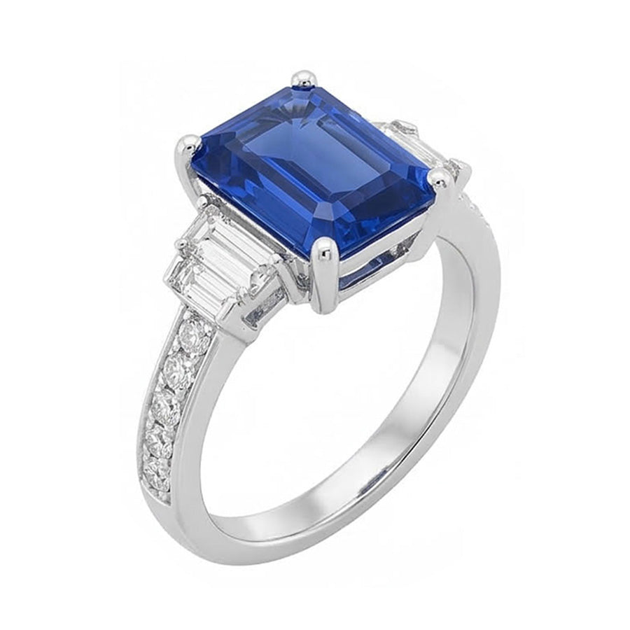 Baguette & Round Natural Earth Mined Diamond Ring Emerald Blue Sapphire 3.50 Carats