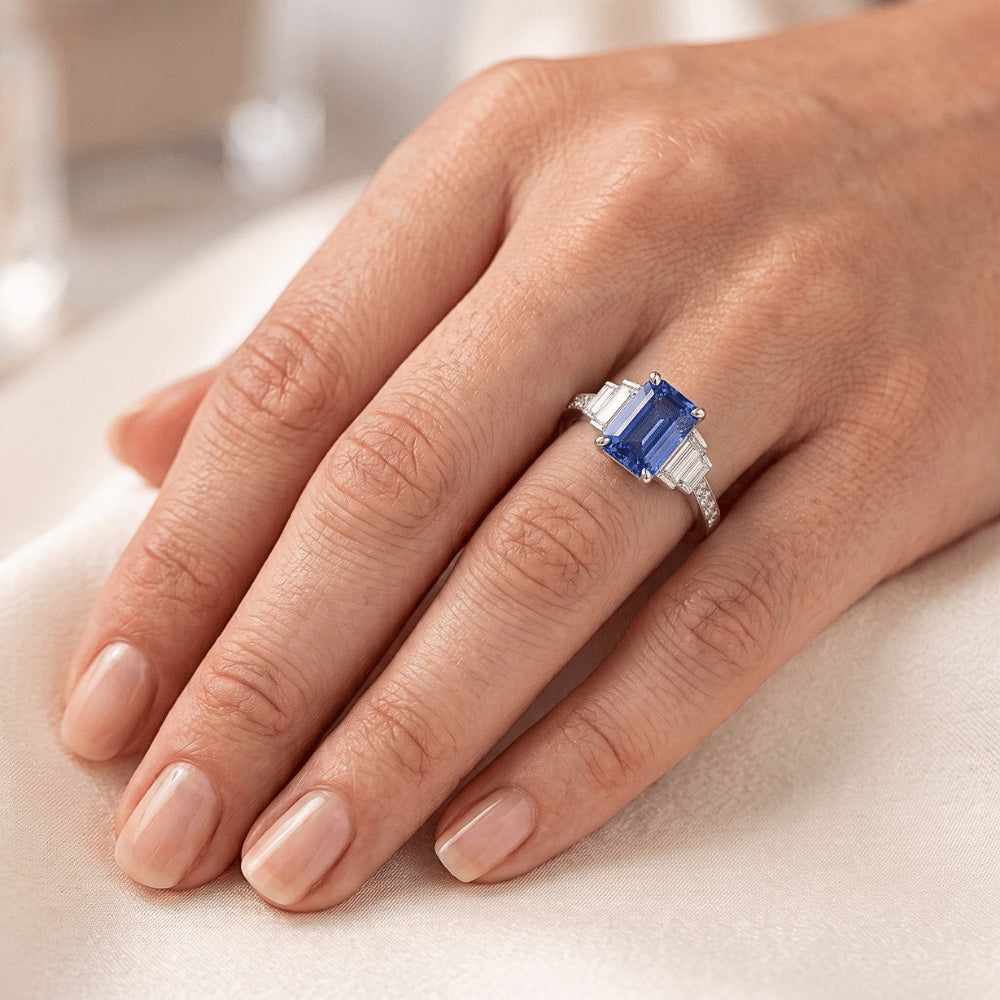 Baguette & Round Natural Earth Mined Diamond Ring Emerald Blue Sapphire 3.50 Carats