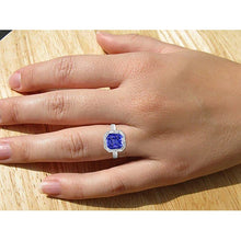 Baguette Natural Earth Mined Diamond Halo Radiant Blue Sapphire Ring 3.50 Carats 14K Gold