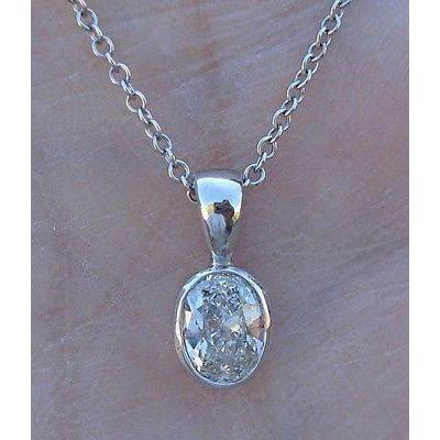 Beautiful Real Oval Diamond Necklace 2 Carats Bezel Set White Gold 14K