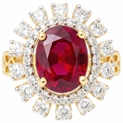 Beautiful Red Oval Shape Ruby With Natural Earth Mined Diamond Ring 7 Carats Yellow Gold