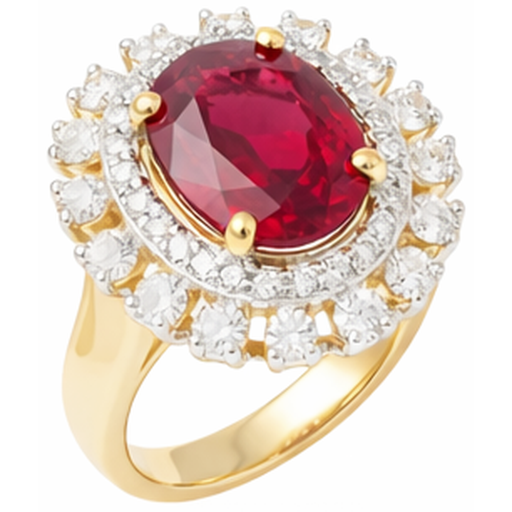 Beautiful Red Oval Shape Ruby With Natural Earth Mined Diamond Ring 7 Carats Yellow Gold