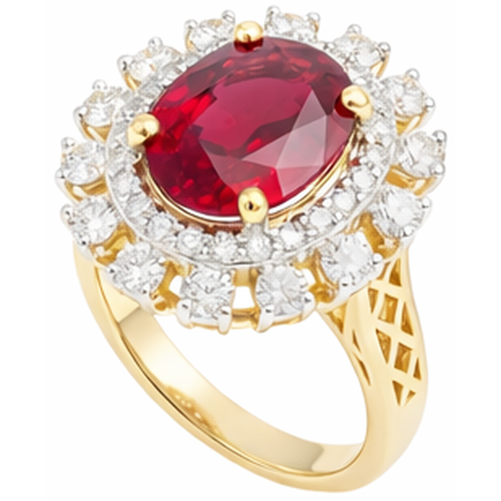 Beautiful Red Oval Shape Ruby With Natural Earth Mined Diamond Ring 7 Carats Yellow Gold