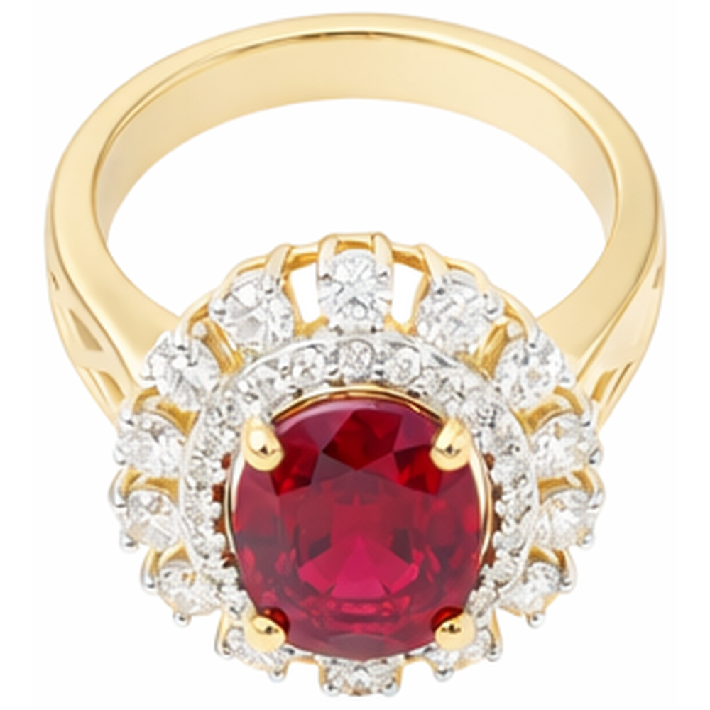 Beautiful Red Oval Shape Ruby With Natural Earth Mined Diamond Ring 7 Carats Yellow Gold