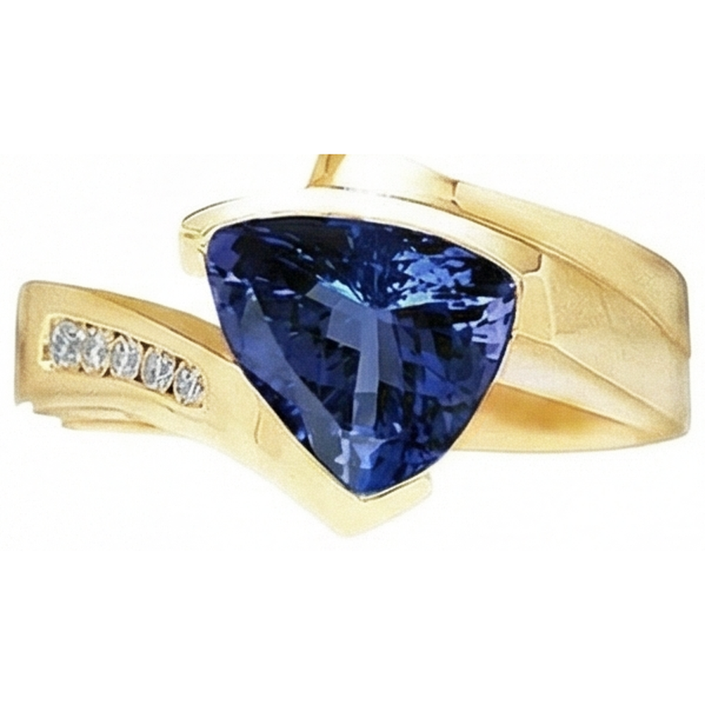 Beautiful Tanzanite Trillion Natural Earth Mined DIAMOND ( NOT LAB GROWN )s Yellow Gold Ring 1.95 Carats