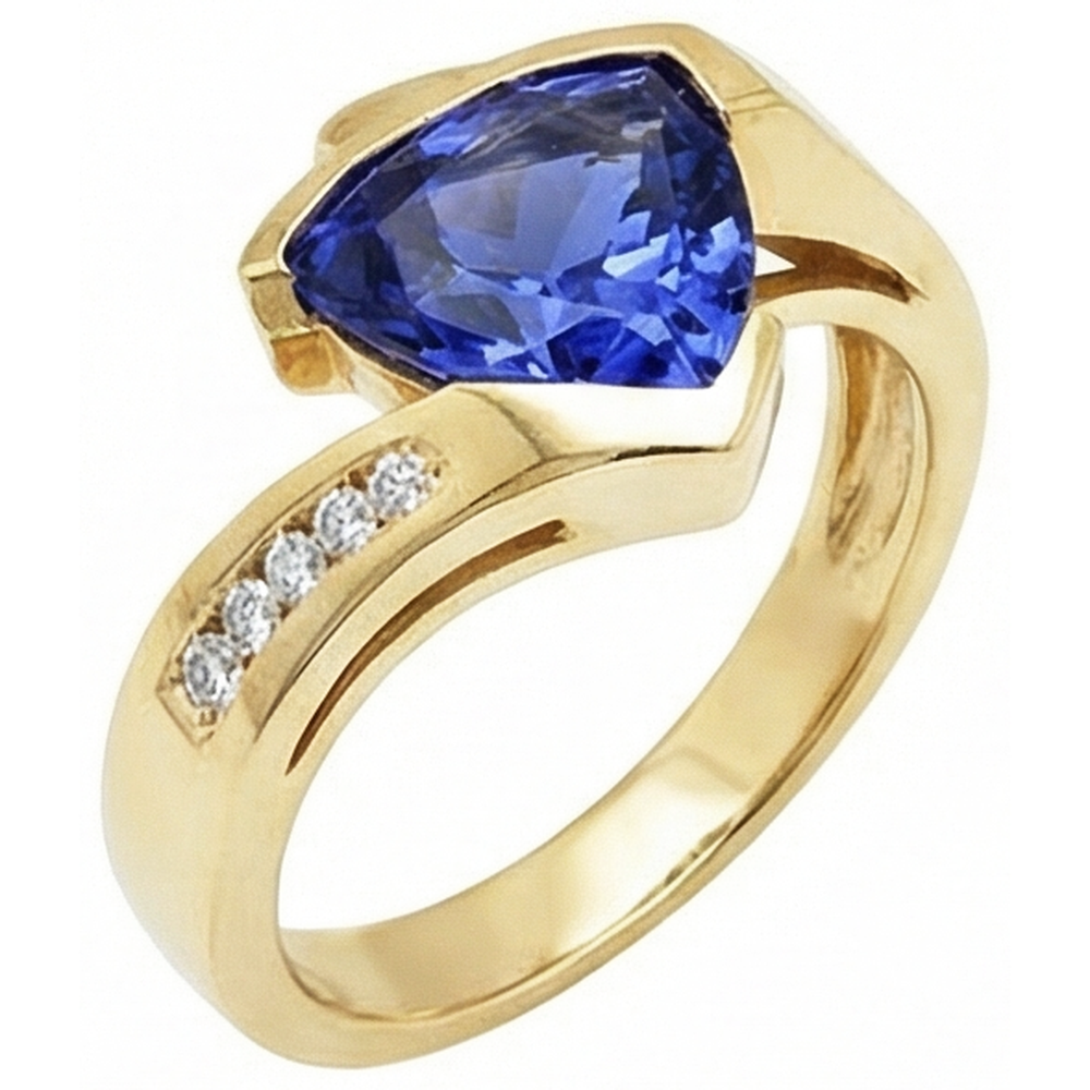 Beautiful Tanzanite Trillion Natural Earth Mined DIAMOND ( NOT LAB GROWN )s Yellow Gold Ring 1.95 Carats