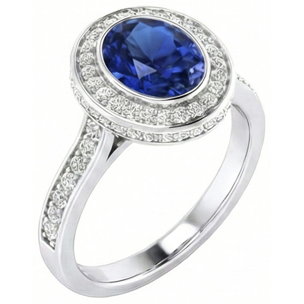 Bezel Set 3.40 Ct Halo Ceylon Sapphire And Natural Earth Mined DIAMOND ( NOT LAB GROWN )s Ring