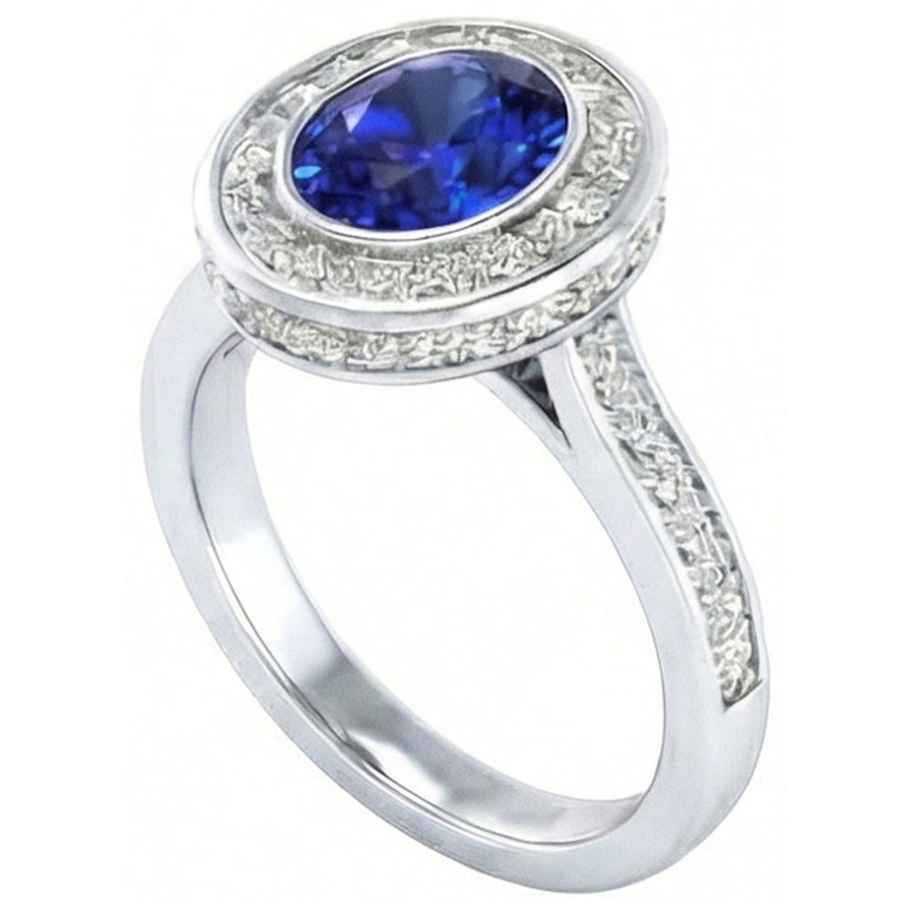 Bezel Set 3.40 Ct Halo Ceylon Sapphire And Natural Earth Mined DIAMOND ( NOT LAB GROWN )s Ring