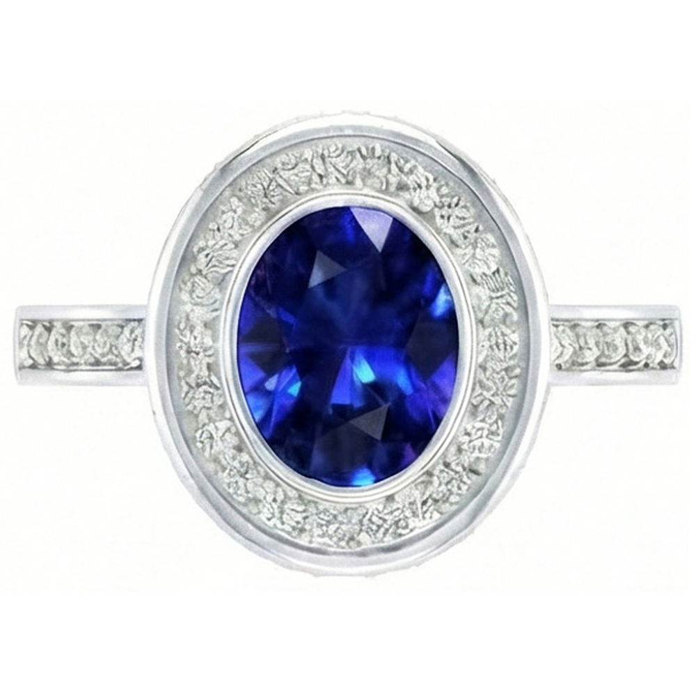 Bezel Set 3.40 Ct Halo Ceylon Sapphire And Natural Earth Mined DIAMOND ( NOT LAB GROWN )s Ring