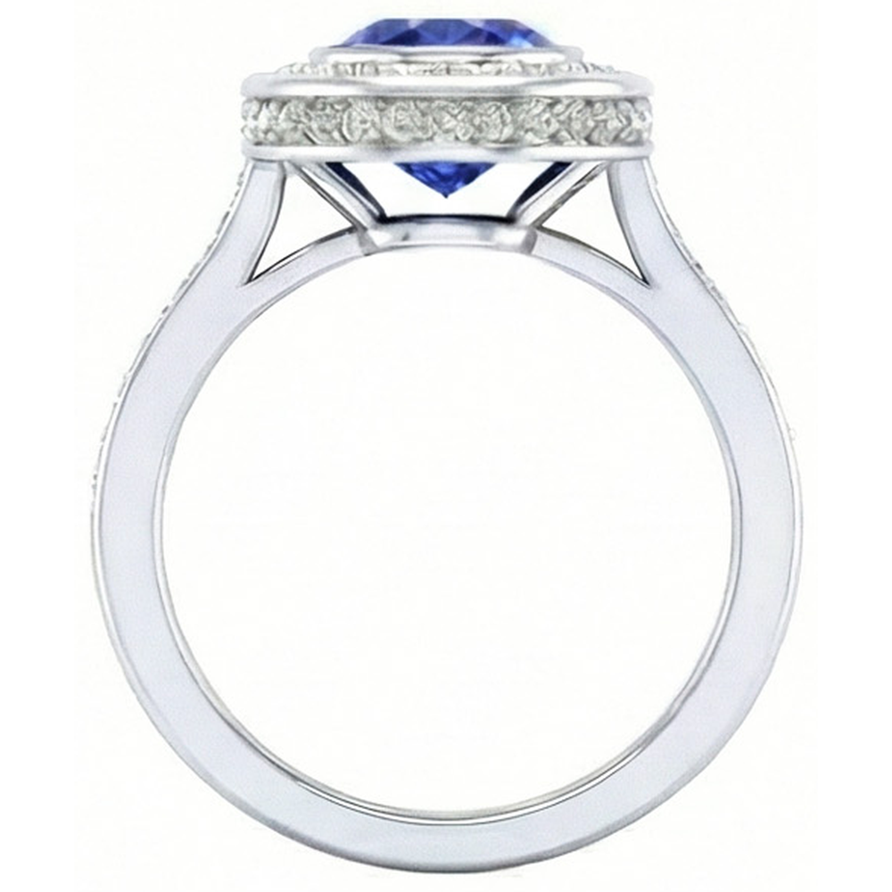 Bezel Set 3.40 Ct Halo Ceylon Sapphire And Natural Earth Mined DIAMOND ( NOT LAB GROWN )s Ring