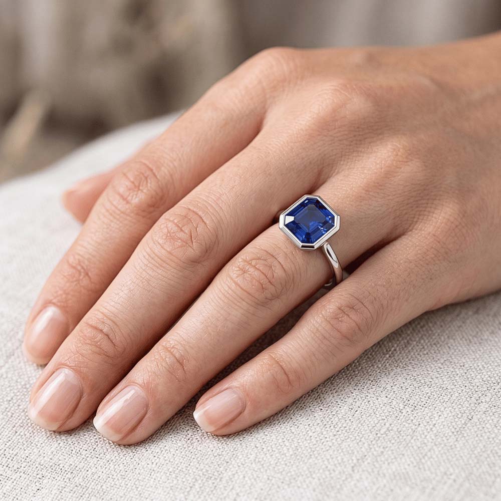 Bezel Set Asscher Sapphire Ring For Women