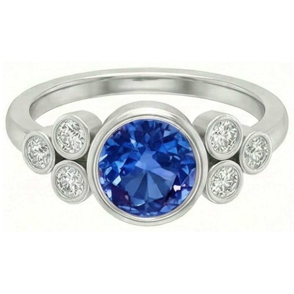 Bezel Set Ceylon Sapphire And Natural Earth Mined DIAMOND ( NOT LAB GROWN ) Ring White Gold 14K 2.70 Ct