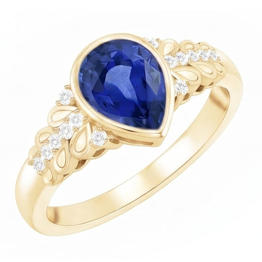 Bezel Set Pear Ceylon Sapphire & Natural Earth Mined Diamond Ring Yellow Gold 4.75 Carats