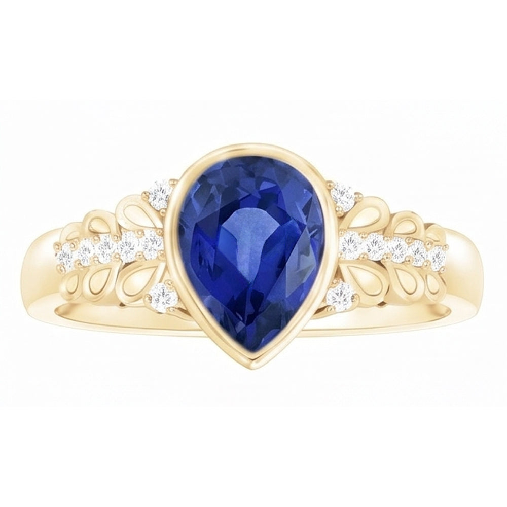 Bezel Set Pear Ceylon Sapphire & Natural Earth Mined Diamond Ring Yellow Gold 4.75 Carats