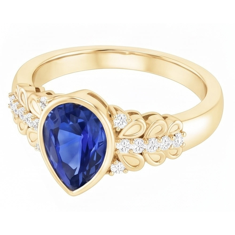 Bezel Set Pear Ceylon Sapphire & Natural Earth Mined Diamond Ring Yellow Gold 4.75 Carats