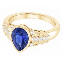 Bezel Set Pear Ceylon Sapphire & Natural Earth Mined Diamond Ring Yellow Gold 4.75 Carats