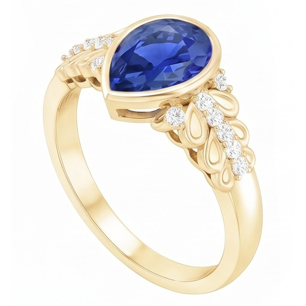 Bezel Set Pear Ceylon Sapphire & Natural Earth Mined Diamond Ring Yellow Gold 4.75 Carats