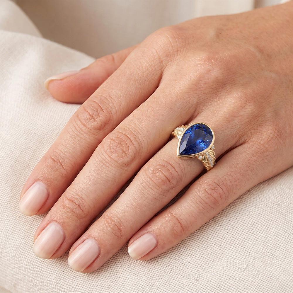 Bezel Set Pear Ceylon Sapphire & Natural Earth Mined Diamond Ring Yellow Gold 4.75 Carats