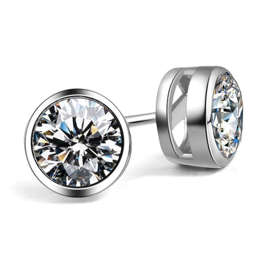 Bezel Set Solitaire 3 Ct Real Round Diamond Stud Earring Gold Fine Jewelry