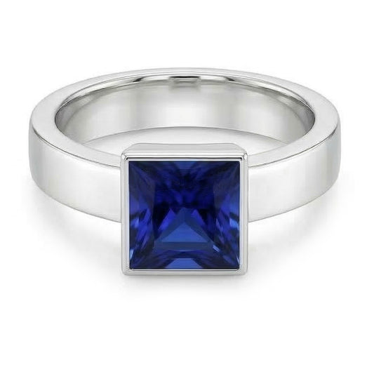Bezel Set Solitaire Mens Ring Princess Ceylon Sapphire 5 Ct White Gold