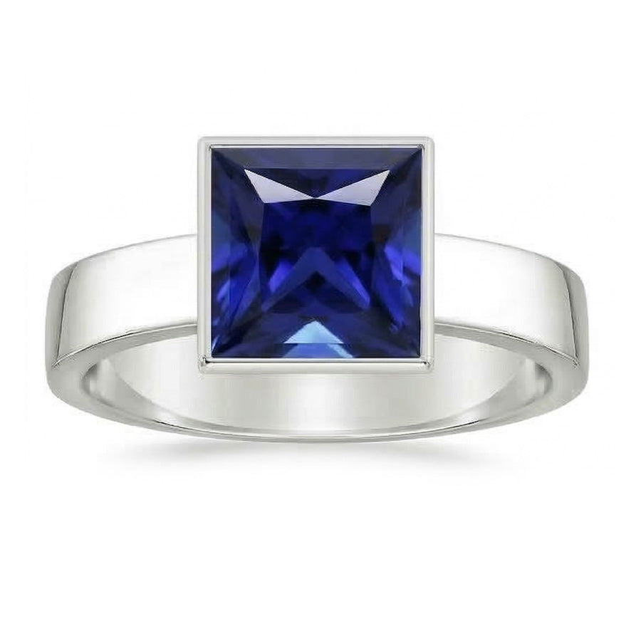 Bezel Set Solitaire Mens Ring Princess Ceylon Sapphire 5 Ct White Gold