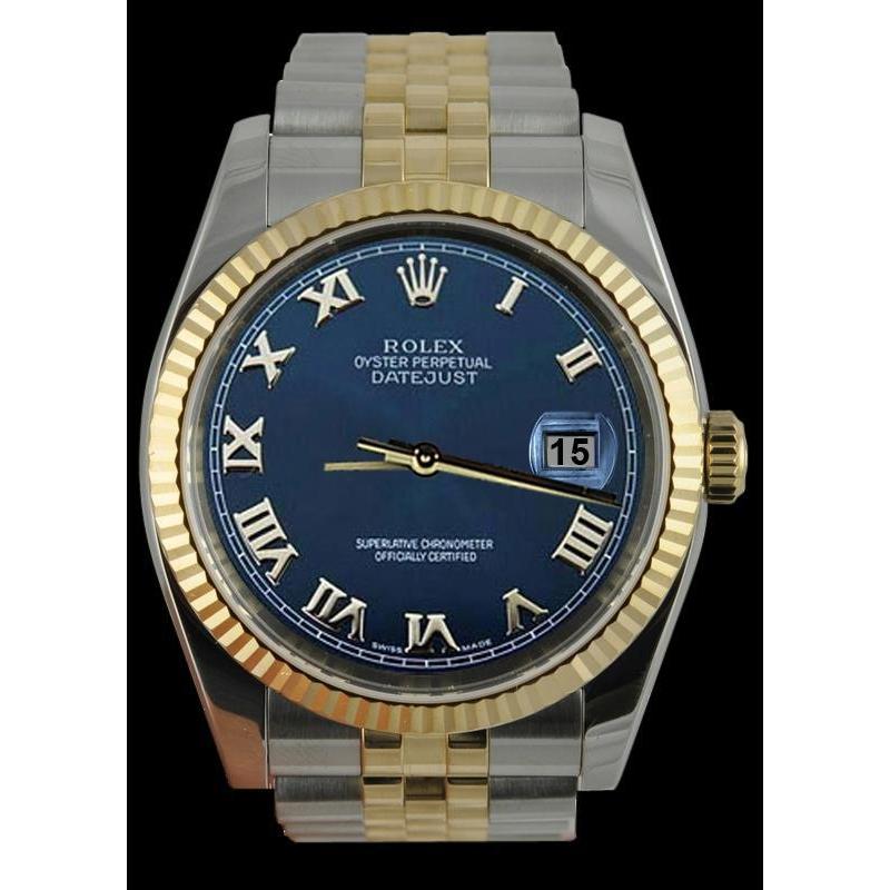 Bezel Rolex Date Watch Blue Roman Dial Ss & Gold Jubilee QUICK SET