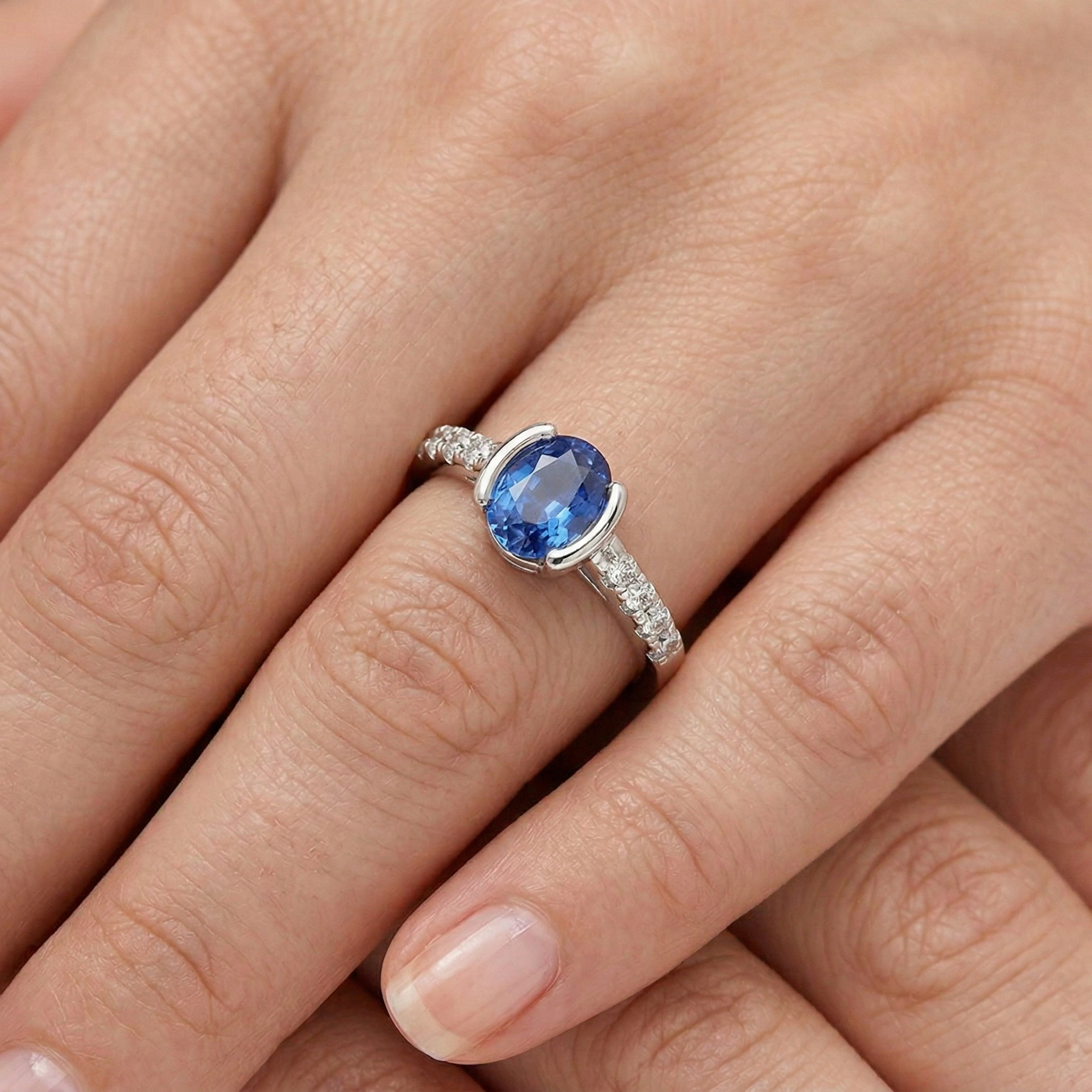 Bezel Set Oval Sri Lanka Blue Sapphire Natural Earth Mined DIAMOND ( NOT LAB GROWN ) Ring 1.40 Ct