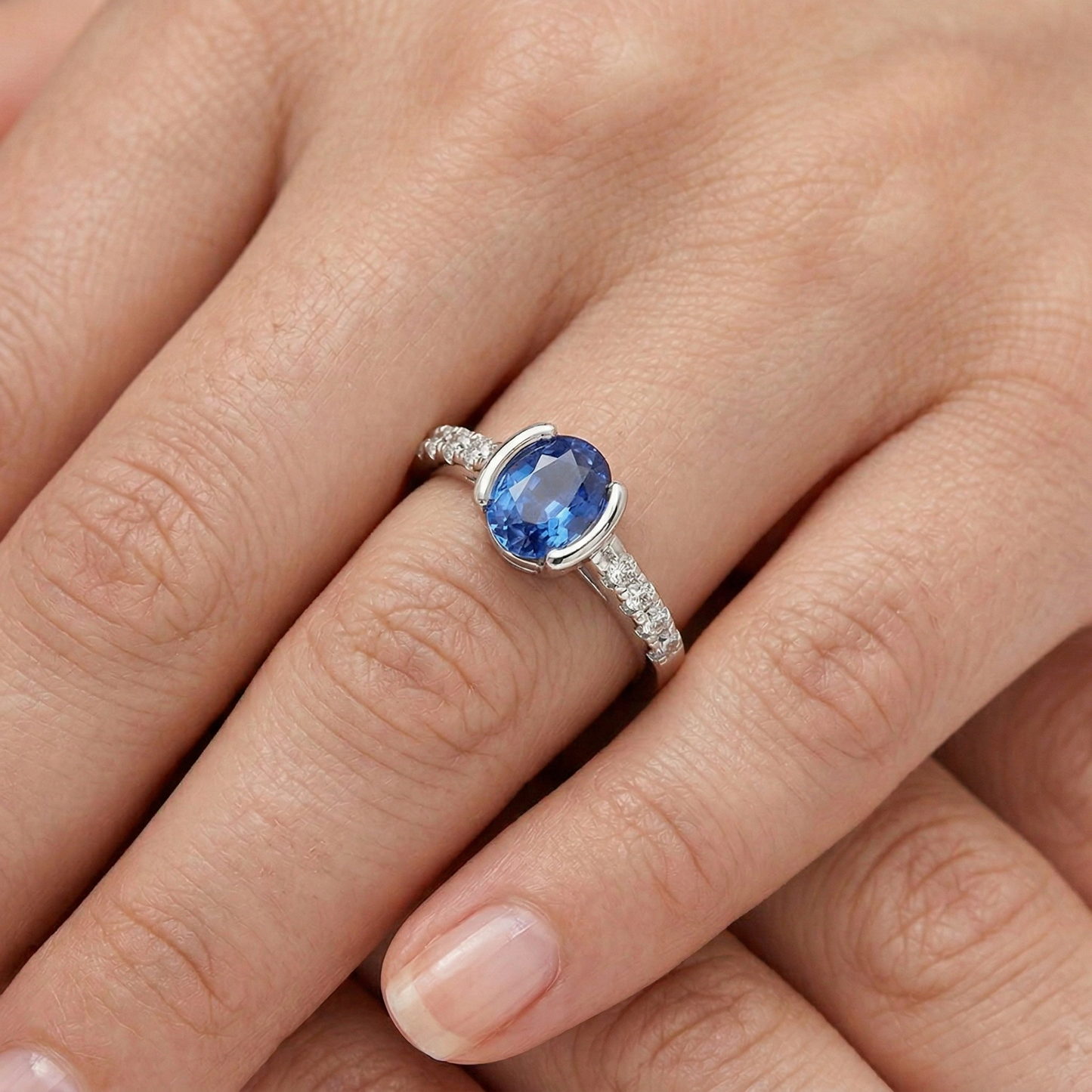 Bezel Set Oval Sri Lanka Blue Sapphire Natural Earth Mined DIAMOND ( NOT LAB GROWN ) Ring 1.40 Ct