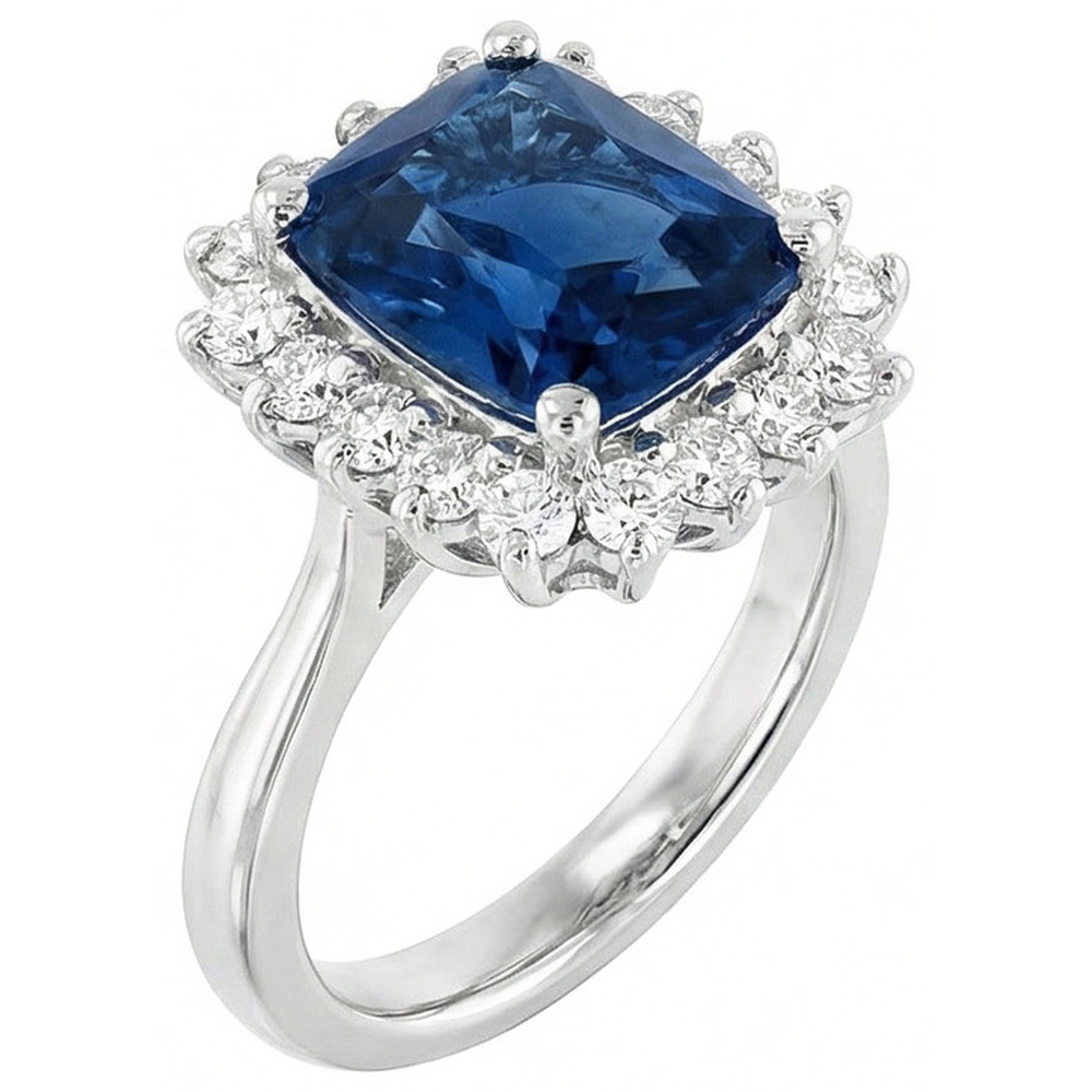 Big Cushion Ceylon Sapphire And Round Natural Earth Mined Diamonds 4 Ct Ring White Gold