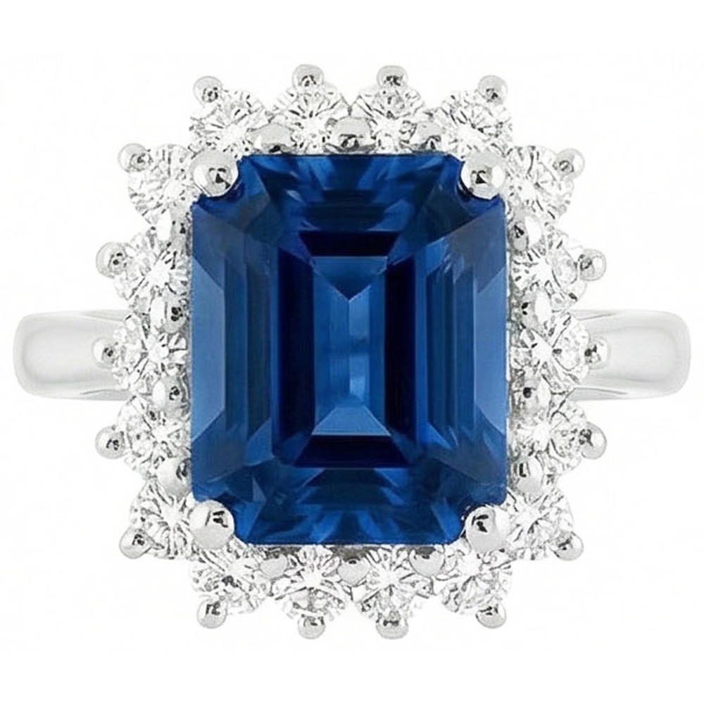 Big Cushion Ceylon Sapphire And Round Natural Earth Mined Diamonds 4 Ct Ring White Gold