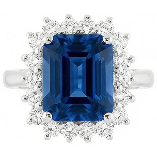 Big Cushion Ceylon Sapphire And Round Natural Earth Mined Diamonds 4 Ct Ring White Gold
