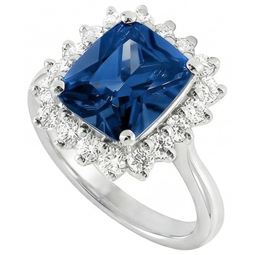 Big Cushion Ceylon Sapphire And Round Natural Earth Mined Diamonds 4 Ct Ring White Gold