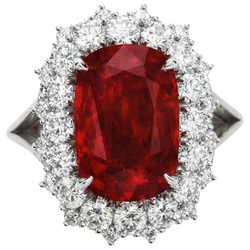 Big Cushion Cut Red Ruby With Natural Earth Mined Diamond Ring White Gold 14K 7.25 Ct