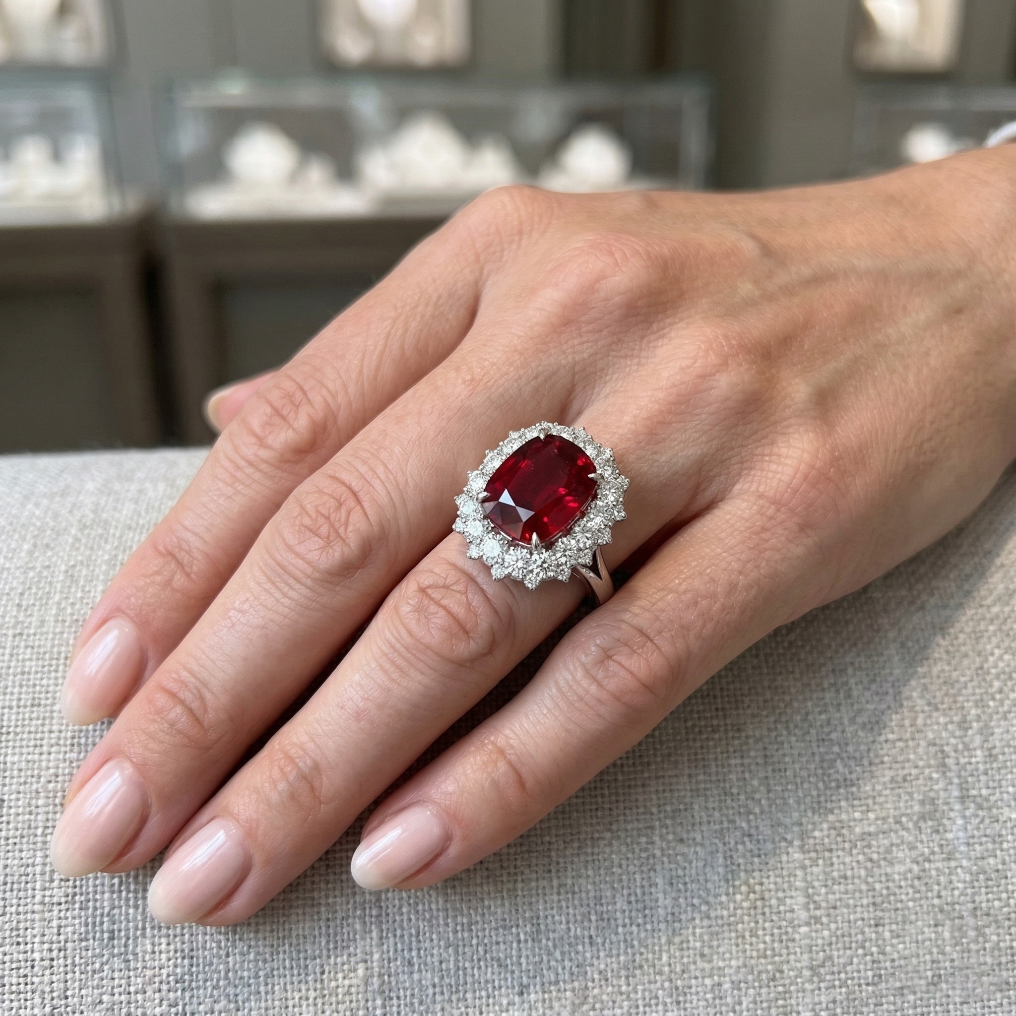 Big Cushion Cut Red Ruby With Natural Earth Mined Diamond Ring White Gold 14K 7.25 Ct