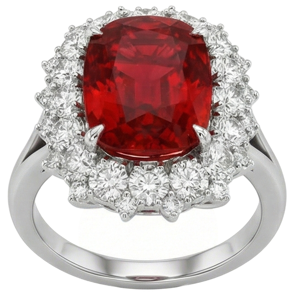Big Cushion Cut Red Ruby With Natural Earth Mined Diamond Ring White Gold 14K 7.25 Ct