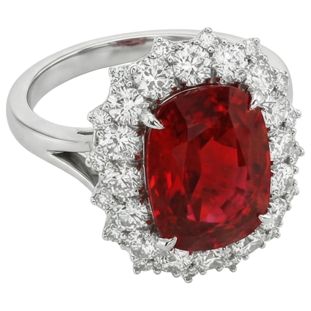 Big Cushion Cut Red Ruby With Natural Earth Mined Diamond Ring White Gold 14K 7.25 Ct
