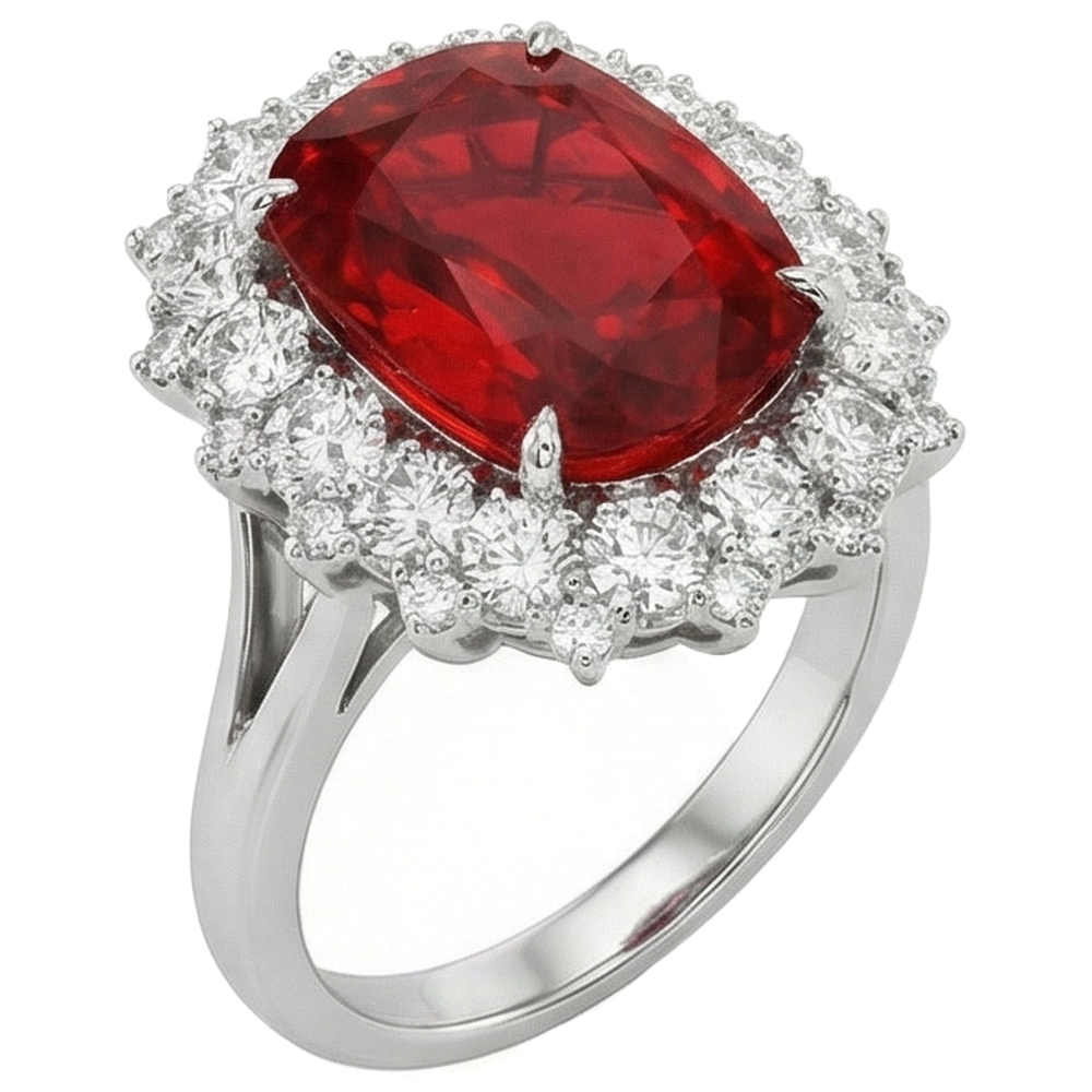 Big Cushion Cut Red Ruby With Natural Earth Mined Diamond Ring White Gold 14K 7.25 Ct
