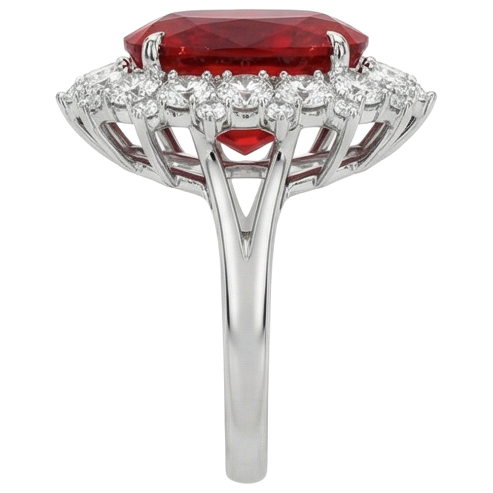 Big Cushion Cut Red Ruby With Natural Earth Mined Diamond Ring White Gold 14K 7.25 Ct