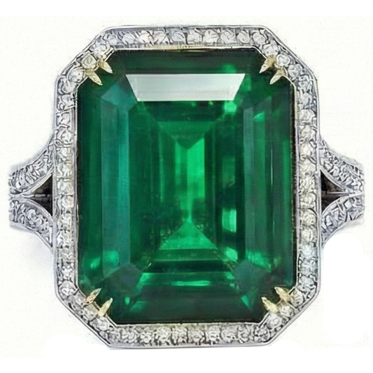 Big Emerald Cut Green Emerald & Natural Earth Mined Diamond Ring Solid Two Tone Gold 24.75 Ct