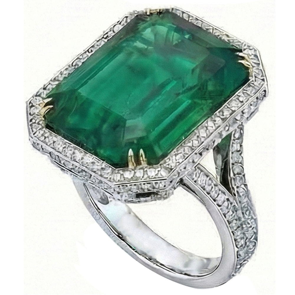 Big Emerald Cut Green Emerald & Natural Earth Mined Diamond Ring Solid Two Tone Gold 24.75 Ct
